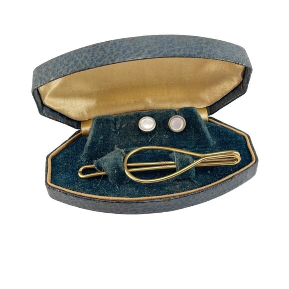 Tie Clip 10K Gold Filled and Mother of Pearl Tuxedo Buttons in Leather Box - Picture 8 of 11